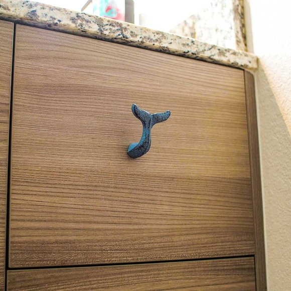 Set of 12 Light Blue Cast Iron Whale Tail Drawer Pulls - Picture 2 of 5